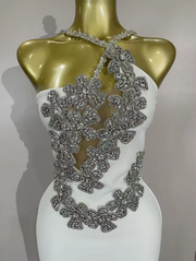 Bianca white backless bandage mini dress featuring a bodycon fit and hand-applied sparkly crystal diamonds.