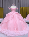 Baby pink off-shoulder feather trim ball gown quinceañera dress with 3D floral appliques