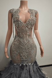 Envious Designs luxury silver long cocktail prom dress with rhinestone beaded tassel feather detailing