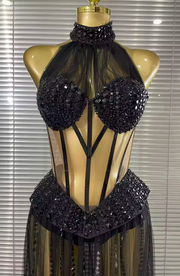 Tiana sheer rhinestone mesh bodycon bodysuit with sparkling embellishments