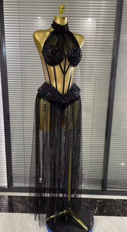 Tiana sheer rhinestone mesh bodycon bodysuit with sparkling embellishments