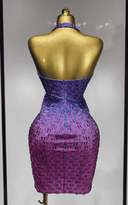 Yesha sexy rhinestone halter bodycon dress with gradient sparkle, V neck and backless design. Perfect for birthdays, parties, and stage looks.