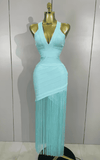 Trisha elegant V-neck tassel bodycon bandage dress for women. Perfect for birthdays, club nights, and evening party celebrity-inspired looks.