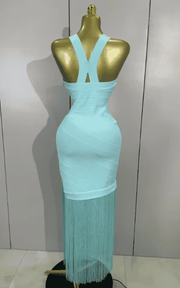 Trisha elegant V-neck tassel bodycon bandage dress for women. Perfect for birthdays, club nights, and evening party celebrity-inspired looks.