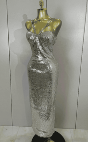 Zoe sexy shiny sequin long dress with diamond chain straps. Elegant luxury outfit for birthdays, evening parties, and club nights.