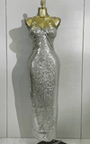 Zoe sexy shiny sequin long dress with diamond chain straps. Elegant luxury outfit for birthdays, evening parties, and club nights.