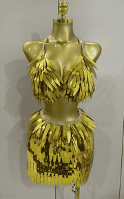 Abigail shiny mirror two piece stage costume set for women. Sexy party outfit for birthdays, nightclub, evening events, and performances.