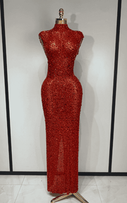 Michelle sparkly rhinestone mesh long dress for women. Elegant sleeveless gown for prom, birthdays, evening parties, and luxury events.