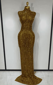 Michelle sparkly rhinestone mesh long dress for women. Elegant sleeveless gown for prom, birthdays, evening parties, and luxury events.