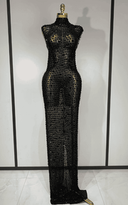 Michelle sparkly rhinestone mesh long dress for women. Elegant sleeveless gown for prom, birthdays, evening parties, and luxury events.