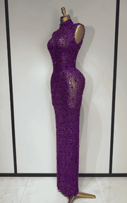 Michelle sparkly rhinestone mesh long dress for women. Elegant sleeveless gown for prom, birthdays, evening parties, and luxury events.