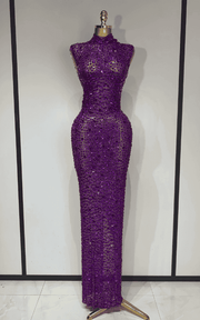 Michelle sparkly rhinestone mesh long dress for women. Elegant sleeveless gown for prom, birthdays, evening parties, and luxury events.
