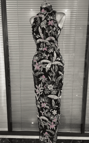Sheryl Off Shoulder Floral Embroidered Bodycon Long Dress