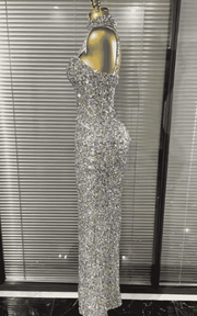 Shayna colorful sequin bodycon long gown for women. Elegant sleeveless dress for birthdays, cocktail parties, and evening events.