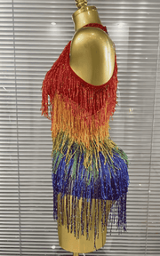Jaye rainbow sequin tassel bodysuit for women. Sexy off shoulder outfit for birthdays, nightclub parties, and celebration events.