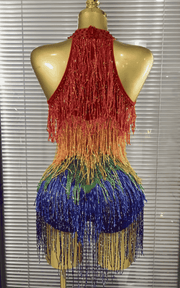 Jaye rainbow sequin tassel bodysuit for women. Sexy off shoulder outfit for birthdays, nightclub parties, and celebration events.