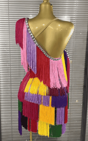 Maxie colorful tassel bodycon mini dress for women. Sexy one shoulder outfit for nightclub, Latin dance, birthday party, and stage wear.