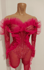 Sexy sparkly rhinestone see-through jumpsuit with long sleeves and fitted mesh design. Perfect for parties, nightlife, and glam evening looks.