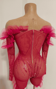 Sexy sparkly rhinestone see-through jumpsuit with long sleeves and fitted mesh design. Perfect for parties, nightlife, and glam evening looks.