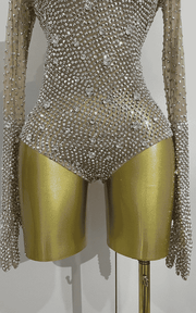 Sienna rhinestone long sleeve bodysuit set with gloves for women. Sexy luxury outfit for birthdays, nightclub, and stage performances.