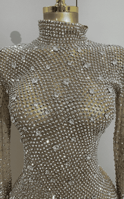 Sienna rhinestone long sleeve bodysuit set with gloves for women. Sexy luxury outfit for birthdays, nightclub, and stage performances.