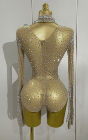 Sienna rhinestone long sleeve bodysuit set with gloves for women. Sexy luxury outfit for birthdays, nightclub, and stage performances.