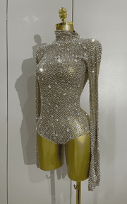 Sienna rhinestone long sleeve bodysuit set with gloves for women. Sexy luxury outfit for birthdays, nightclub, and stage performances.