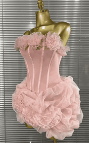 Mimi Pink Floral Mesh Strapless Mini Ball Gown Dress