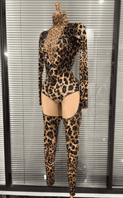 Azi leopard print rhinestone two piece performance outfit for women. Sexy clubwear for stage, DJ sets, and nightlife events.