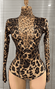 Azi leopard print rhinestone two piece performance outfit for women. Sexy clubwear for stage, DJ sets, and nightlife events.