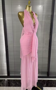 Look stunning in the Shemee pink halter V-neck bodycon maxi dress. Perfect for birthdays, vacations, cocktail parties, and summer events.