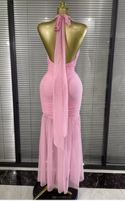 Look stunning in the Shemee pink halter V-neck bodycon maxi dress. Perfect for birthdays, vacations, cocktail parties, and summer events.