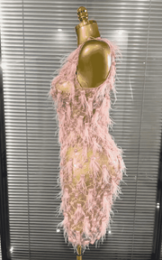 Brienne Pink Pearl Feather Lace See-Through Bodycon Mini Dress for Women