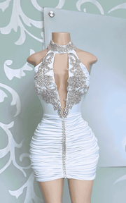 High Neck Applique Mini Birthday Cocktail Dress