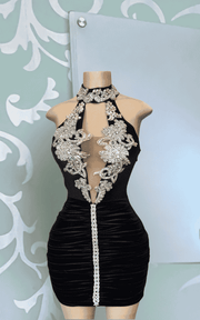 High Neck Applique Mini Birthday Cocktail Dress