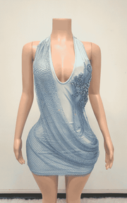 Rhinestone Draped Crystal Mesh Halter Mini Dress