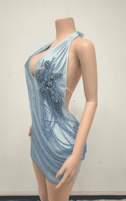 Rhinestone Draped Crystal Mesh Halter Mini Dress