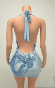 Rhinestone Draped Crystal Mesh Halter Mini Dress
