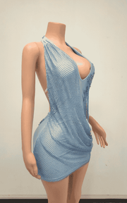 Rhinestone Draped Crystal Mesh Halter Mini Dress