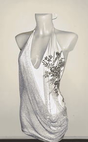 Rhinestone Draped Crystal Mesh Halter Mini Dress