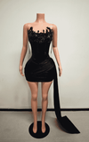 Off shoulder black sequin ruched satin bodycon mini dress with train for prom and formal party styling