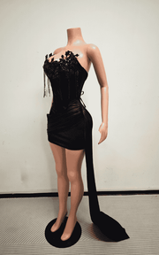 Off shoulder black sequin ruched satin bodycon mini dress with train for prom and formal party styling