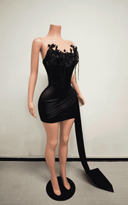 Off shoulder black sequin ruched satin bodycon mini dress with train for prom and formal party styling
