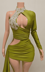 Olive green ruched cutout mini dress with train for party and celebration styling