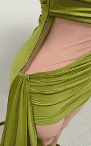 Olive green ruched cutout mini dress with train for party and celebration styling
