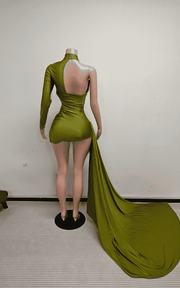 Olive green ruched cutout mini dress with train for party and celebration styling