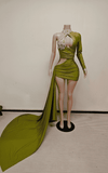 Olive green ruched cutout mini dress with train for party and celebration styling