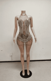 Nude illusion crystal fringe beaded mini dress for birthday and nightclub party styling
