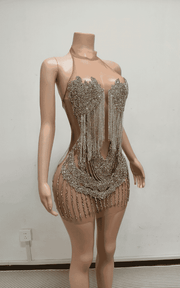 Nude illusion crystal fringe beaded mini dress for birthday and nightclub party styling