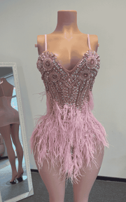 Diamond crystal feather mini dress for birthday and nightclub party styling